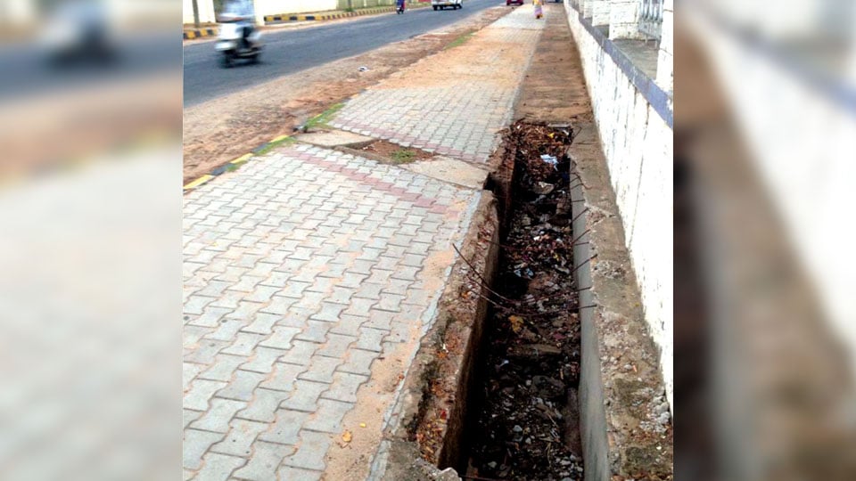 Collapsed drain cover near Chamundi Vihar Stadium