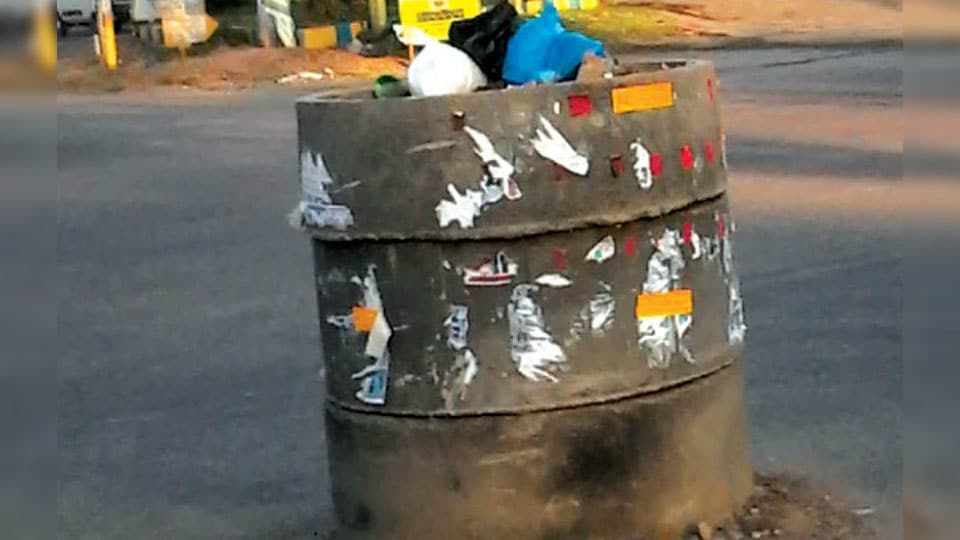 A dustbin in the middle of Bogadi Ring Road Cross