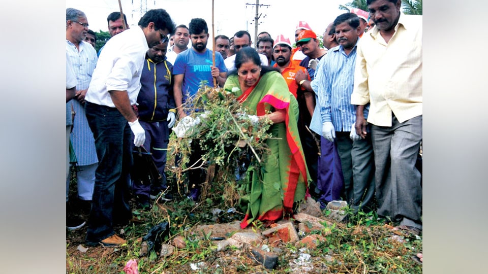 Union Minister Nirmala Sitharaman conducts cleanliness drive in city, plants sapling