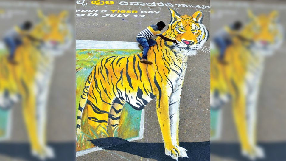 World Tiger Day: 3D tiger painting draws crowd outside Mysuru Zoo