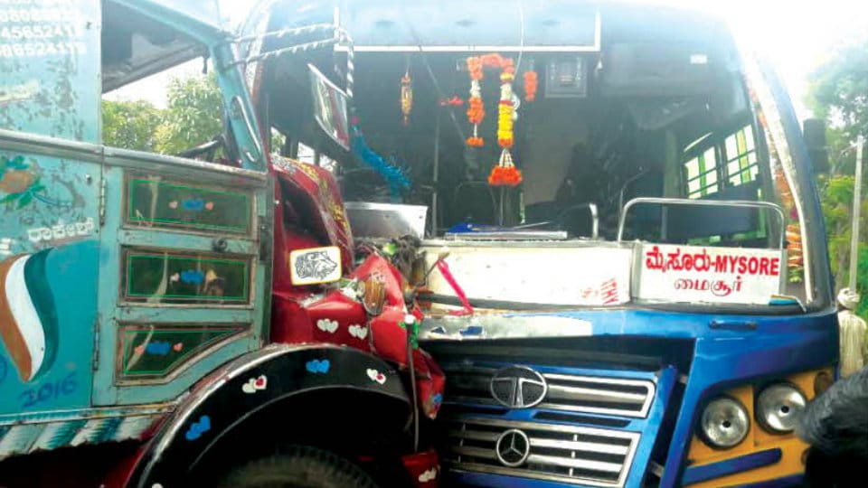Accident on T. Narasipur Road: Lorry driver loses leg, 30 bus passengers injured