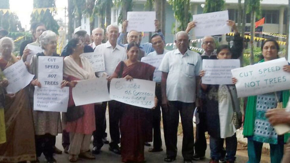 MGP, others protest against straightening of Hunsur Road near Jaladarshini