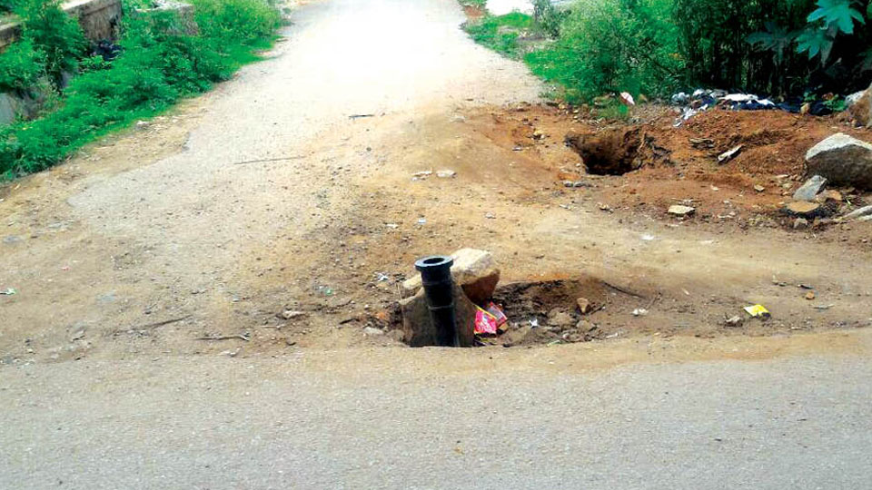 Protruding water pipe posing danger to motorists at B.M. Sri Nagar