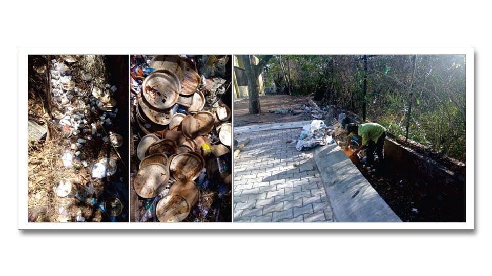 Drains around Kalamandira cleared of used plates, cups and bottles