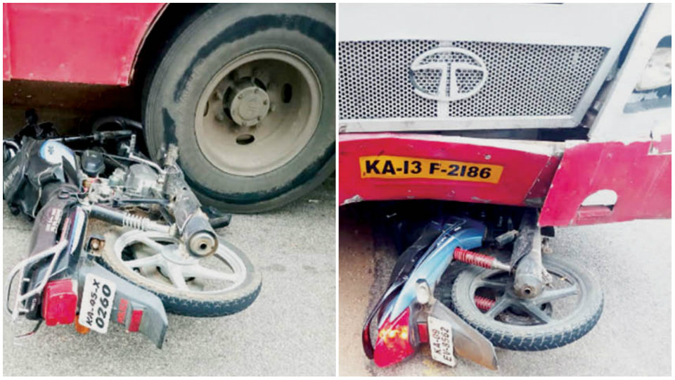 Two killed, two injured as KSRTC bus rams into two bikes