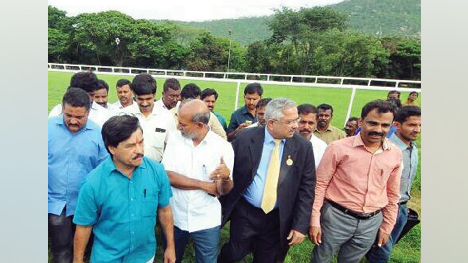 Yoga Day: Minister S.R. Mahesh, MLA Ramdas review preparations at Mysore Race Course