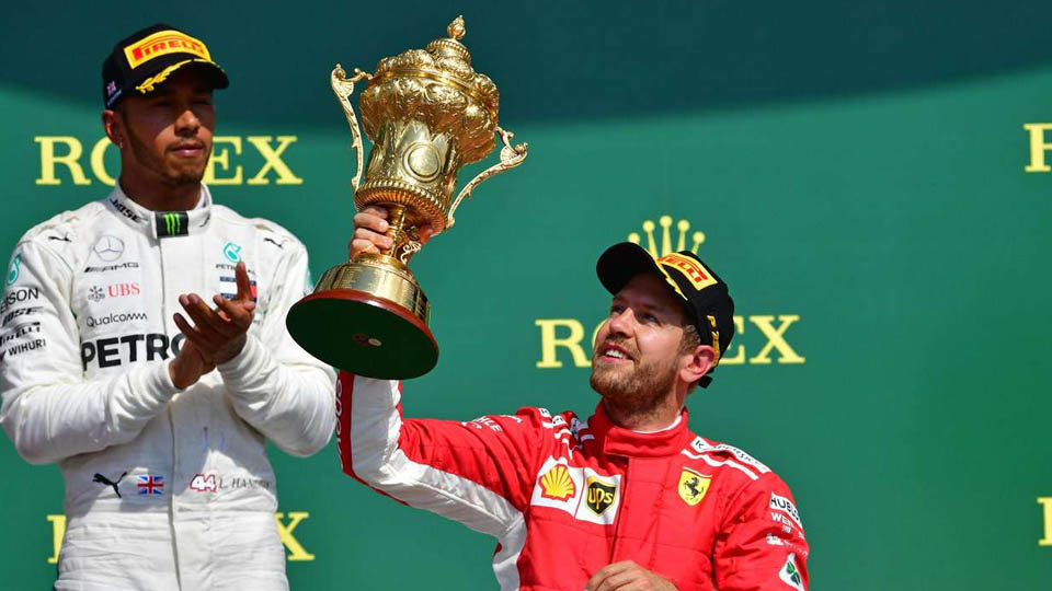 Sebastian Vettel wrecks Lewis Hamilton’s home party with stunning Ferrari win