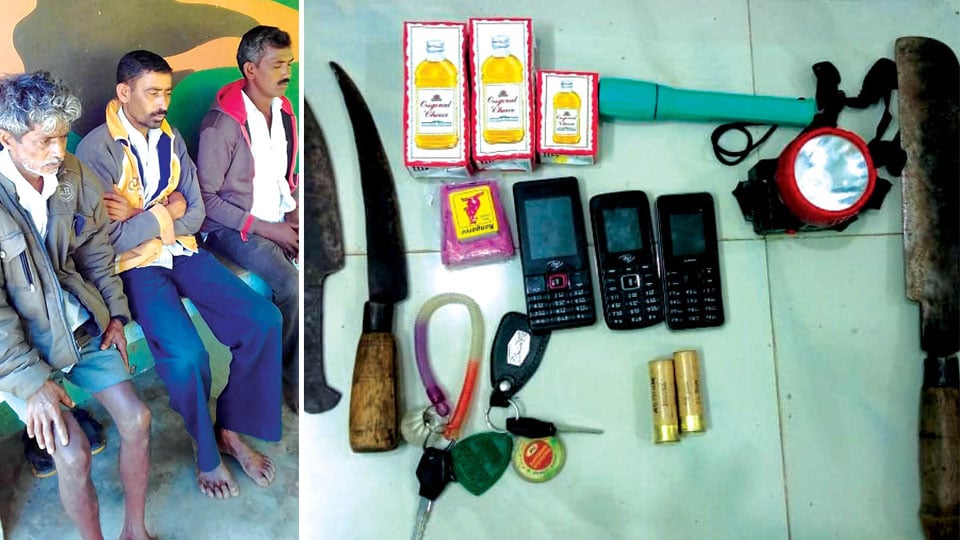 Three poachers arrested: Mobile phones, torch, knife, machete, liquor, bikes seized