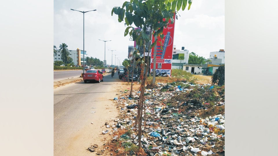 Plea to clear garbage on service road near Rajarajeshwari Circle