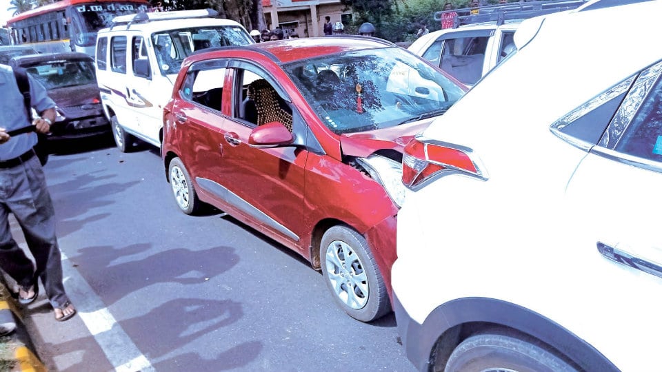 Serial accidents leave cars damaged on Hunsur Road