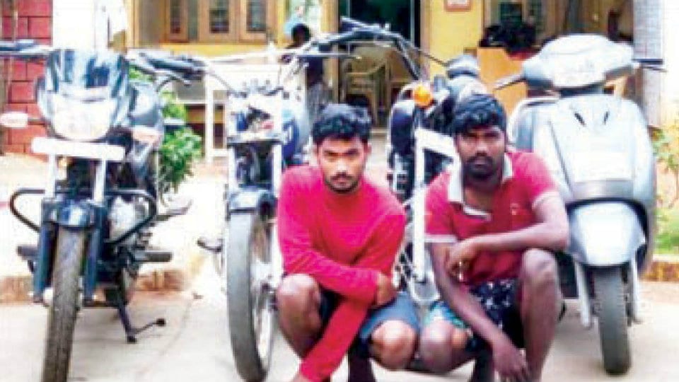Two-wheeler lifters arrested: Four bikes worth over Rs. 1.2 lakh recovered