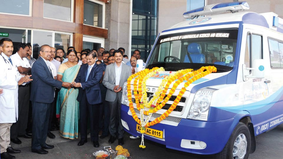 Ambulance donated to Jayadeva Institute and K.R. Hospital
