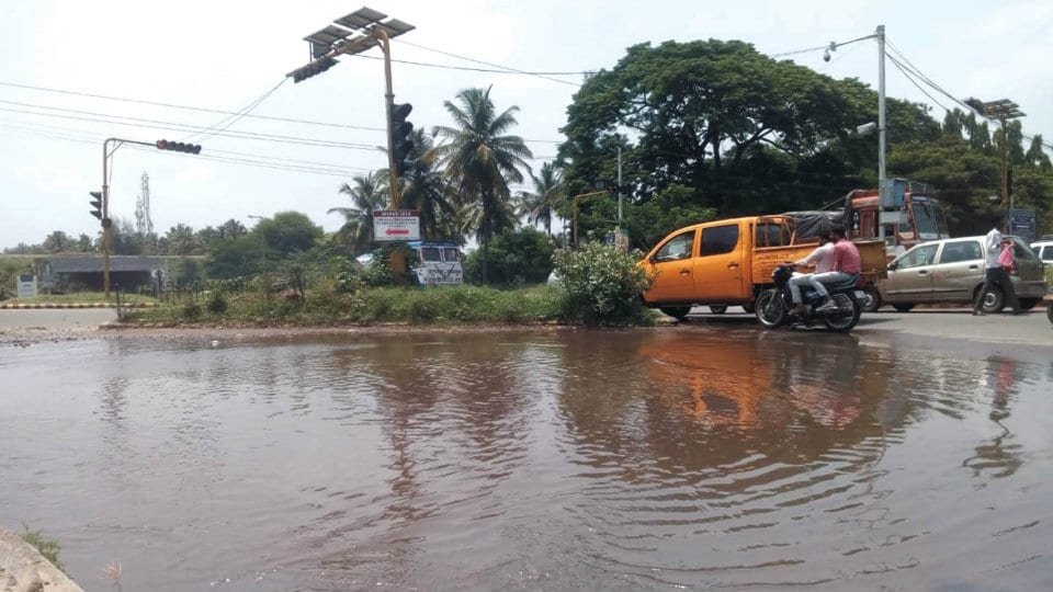 Stagnant rain water turns into mini lake near Outer Ring Road junction on KRS Road