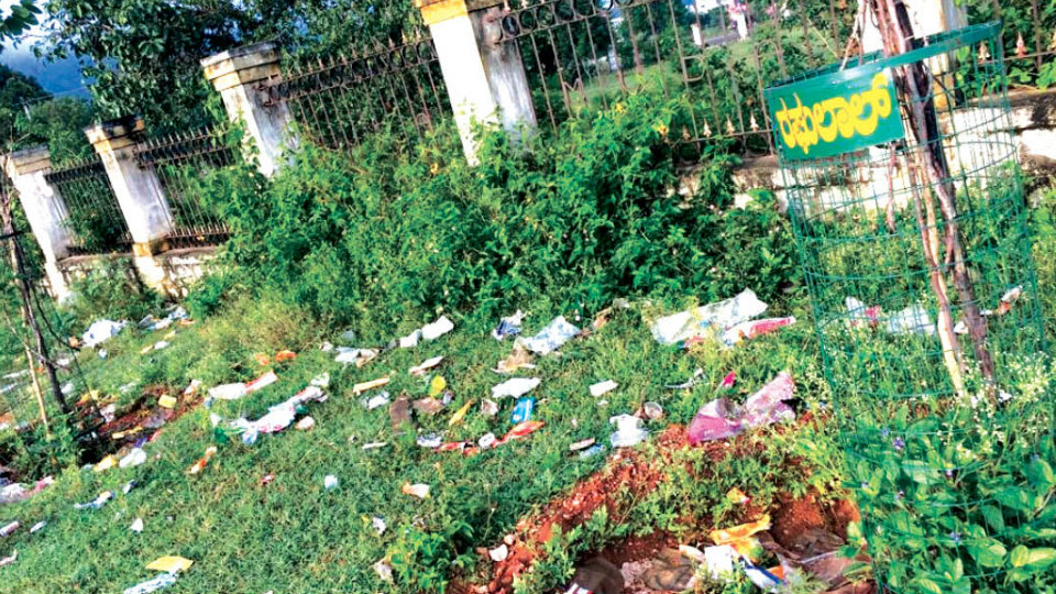 Scattered plastic covers an eyesore near Lalitha Mahal Helipad