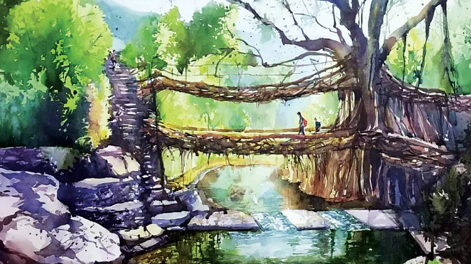 ‘Double Decker Root Bridge of Meghalaya’ : Dr. Salvia of JSS Medical College wins Intl. Painting Contest