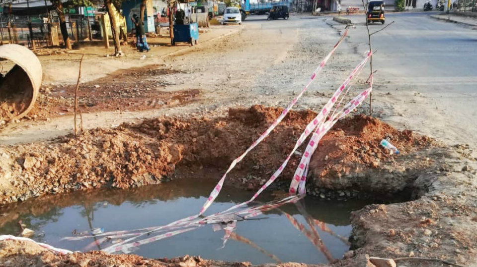 Huge water-filled pit causing problems at Vijayanagar