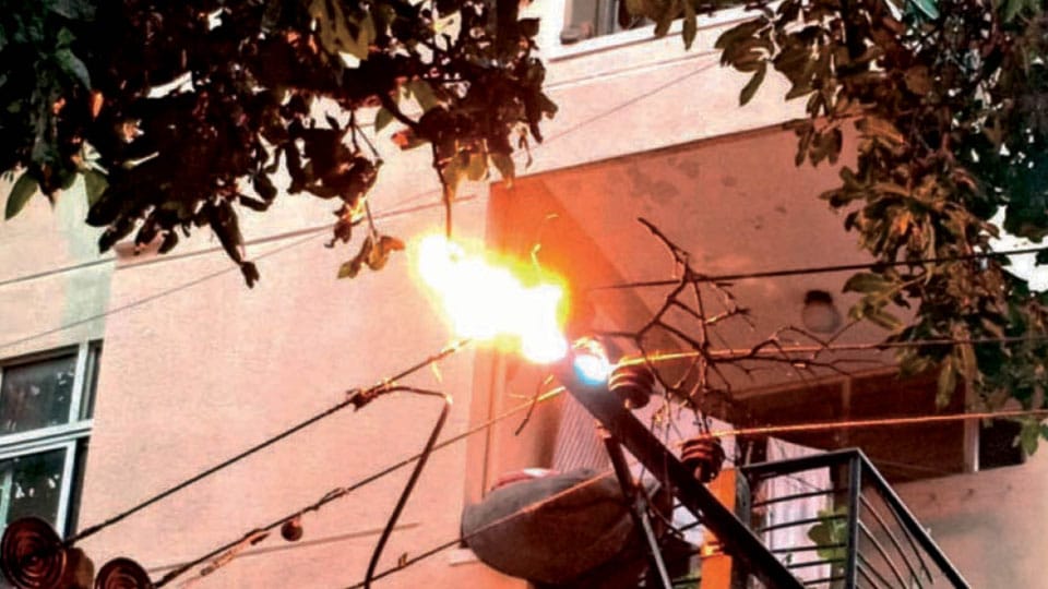 Short circuit ignites fire on electric pole