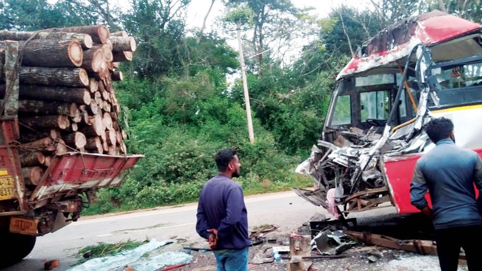 Bus collides against timber truck