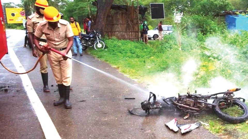 Rider killed, bike gutted in fire after lorry collides