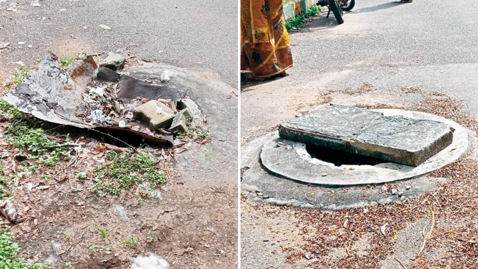 Damaged open manholes posing danger on Mysore University campus