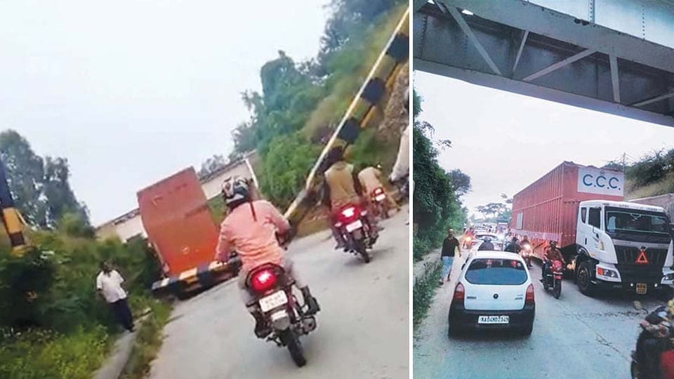 Iron height gauge of Railway underbridge falls as container truck hits