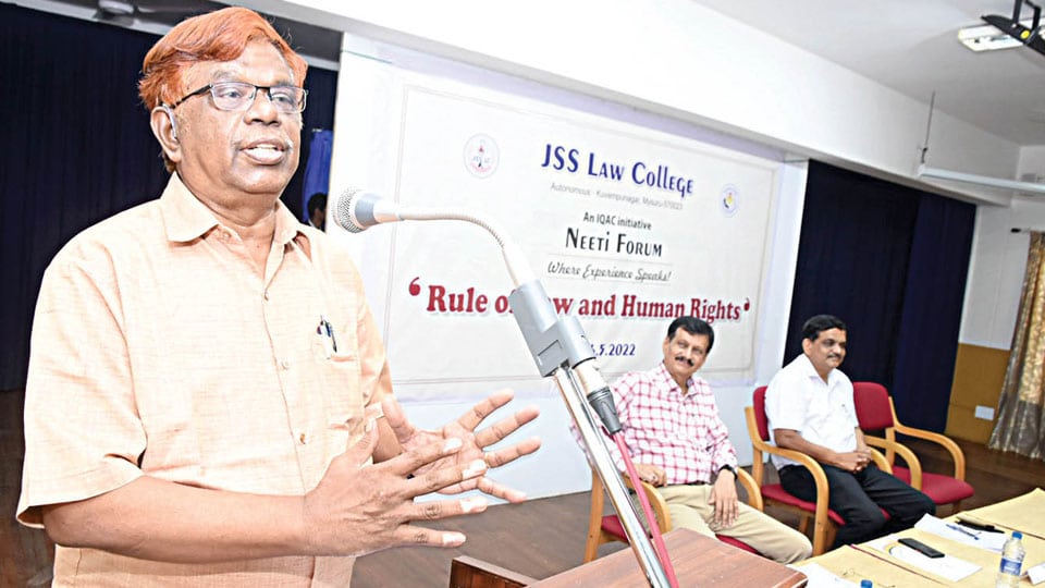 Talk on ‘Rule of Law and Human Rights’ at JSS Law College: Former Judge laments amendment to laws without discussions