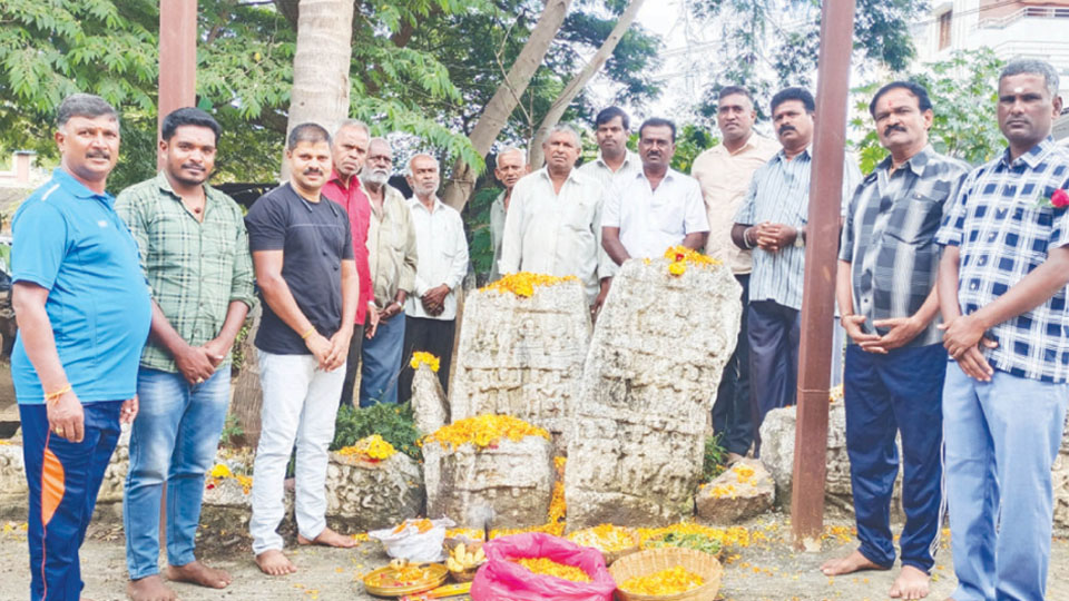 Floral tributes paid to Hero Stones at Veeranagere