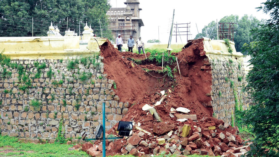 Portion of Mysore Palace fort wall collapses near Kote Maramma Temple