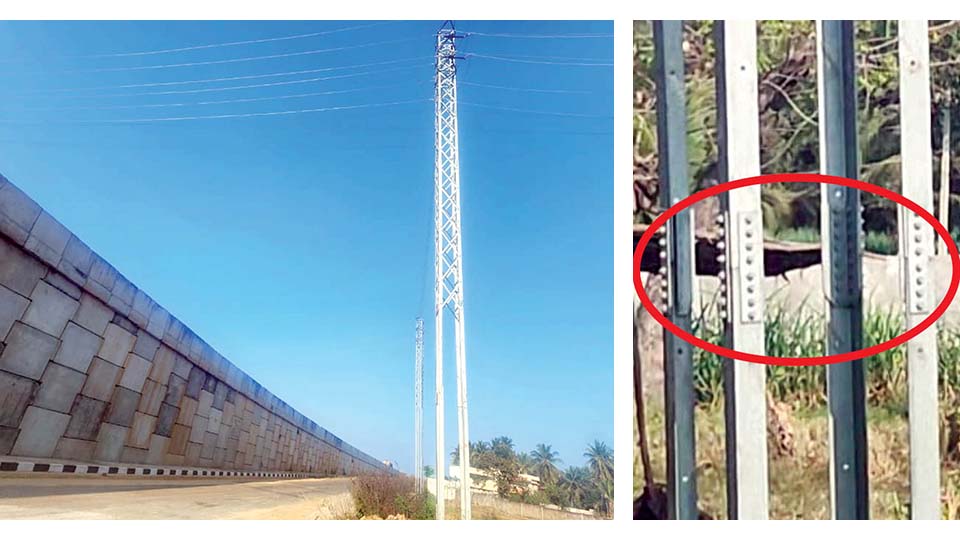 Mysuru-Bengaluru Expressway NH-275: 25-ft. tall electric poles sway dangerously as thieves steal horizontal metal bars