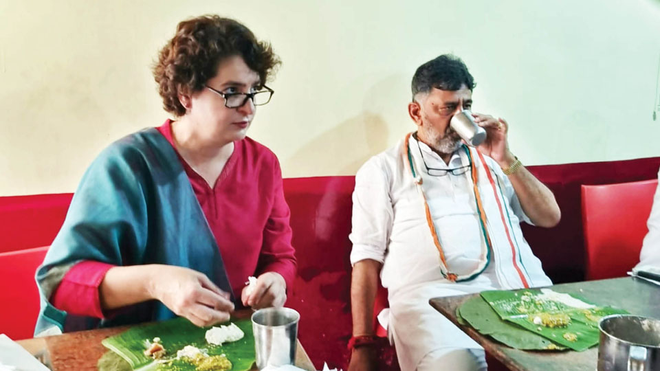 Priyanka Gandhi savours Idli-Dosa at a Hotel in Agrahara