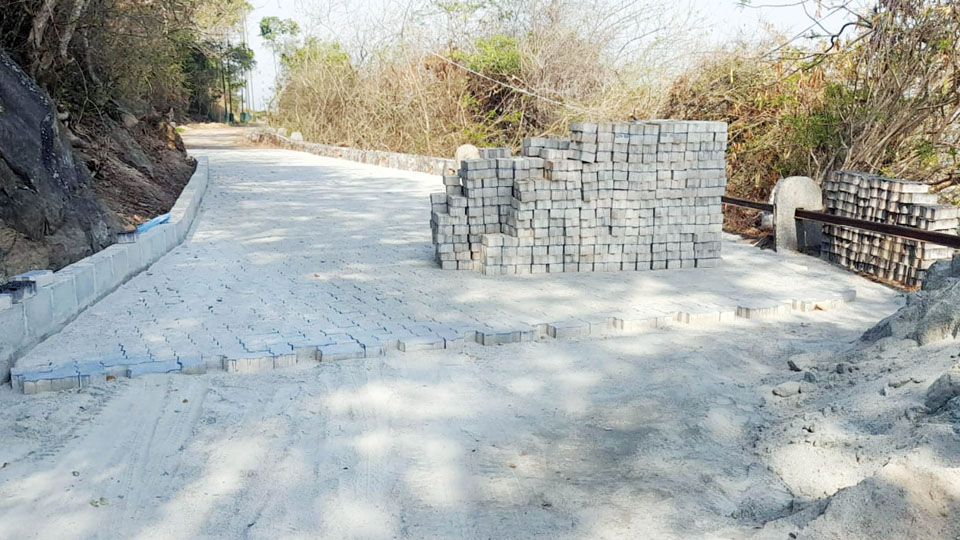 Interlock tile work near ‘Sadhguru Point’ atop Chamundi Hill stopped 