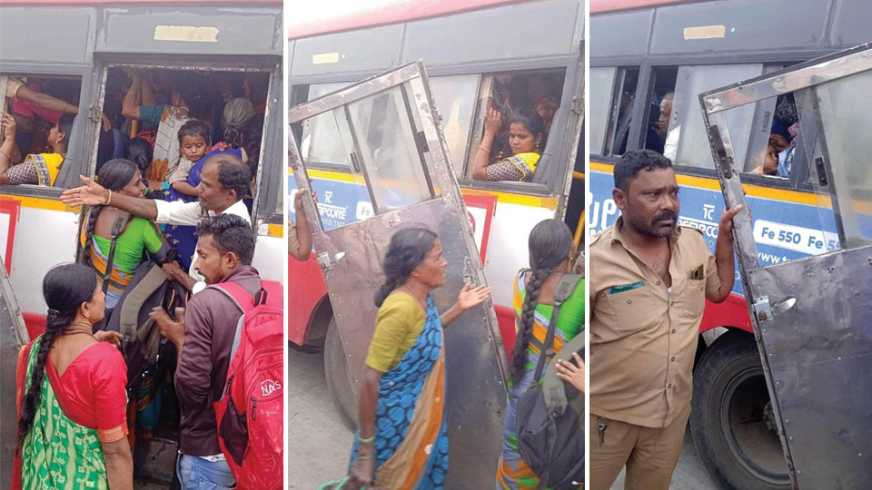 Bus door comes off at Kollegal Bus Stand