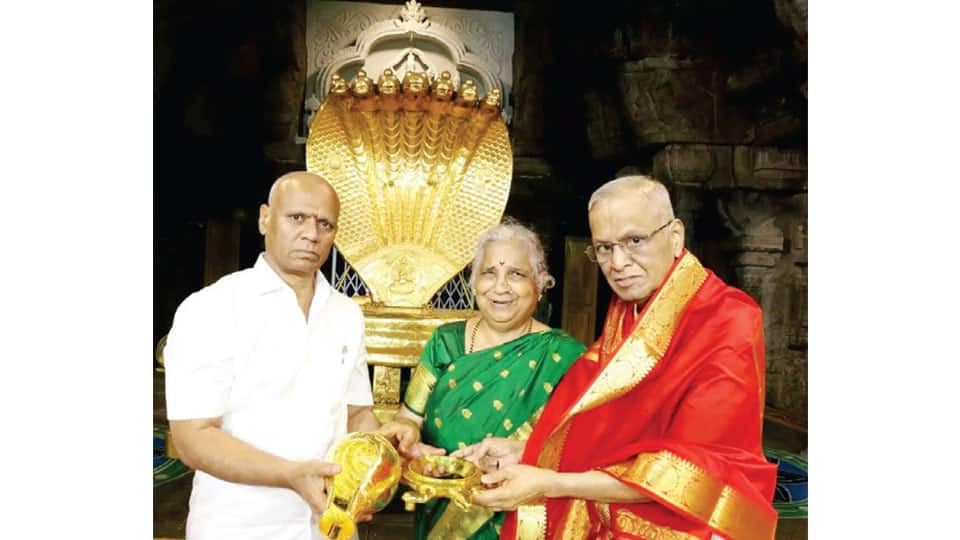 Narayana Murthy couple donates golden conch to Tirupati