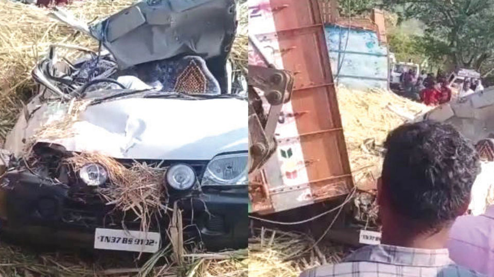 Sugarcane laden truck falls on car: 3 of a family killed