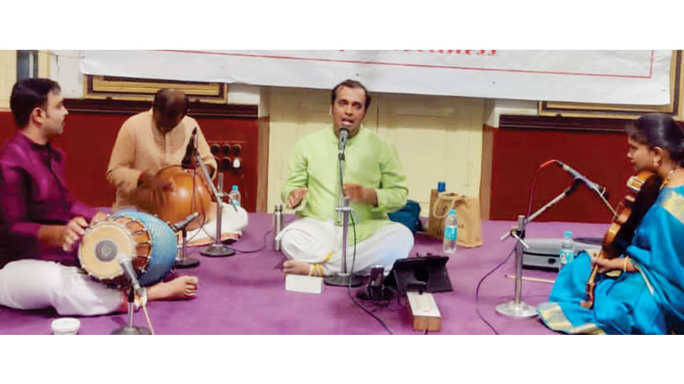 Proving his skill in kalpana swara patterns and alapana