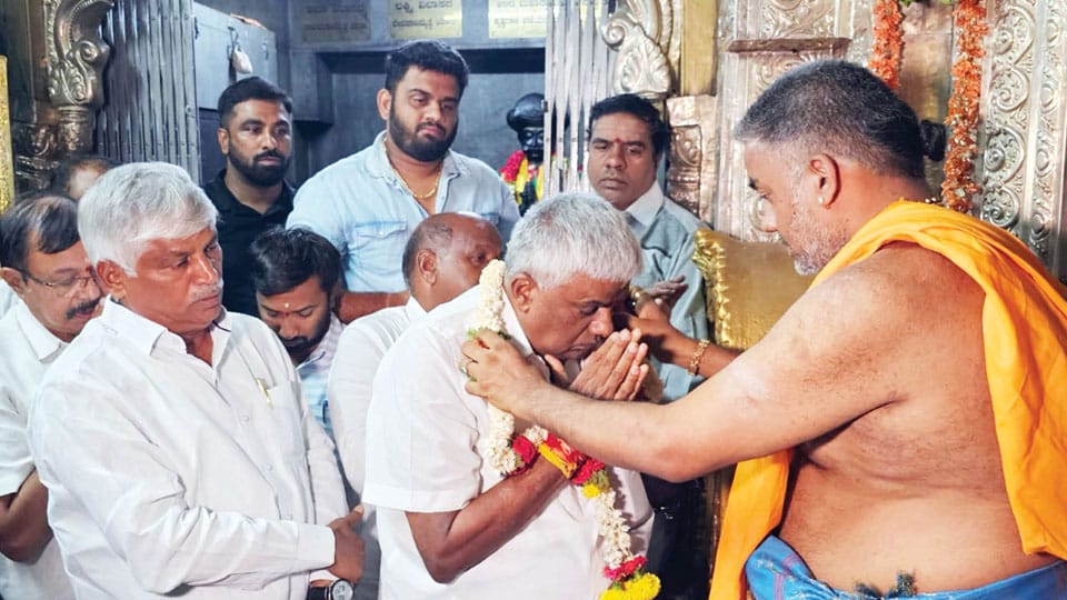 Revanna offers special puja at Chamundi Hill Temple