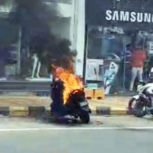 Parked electric scooter catches fire on Devaraj Urs Road
