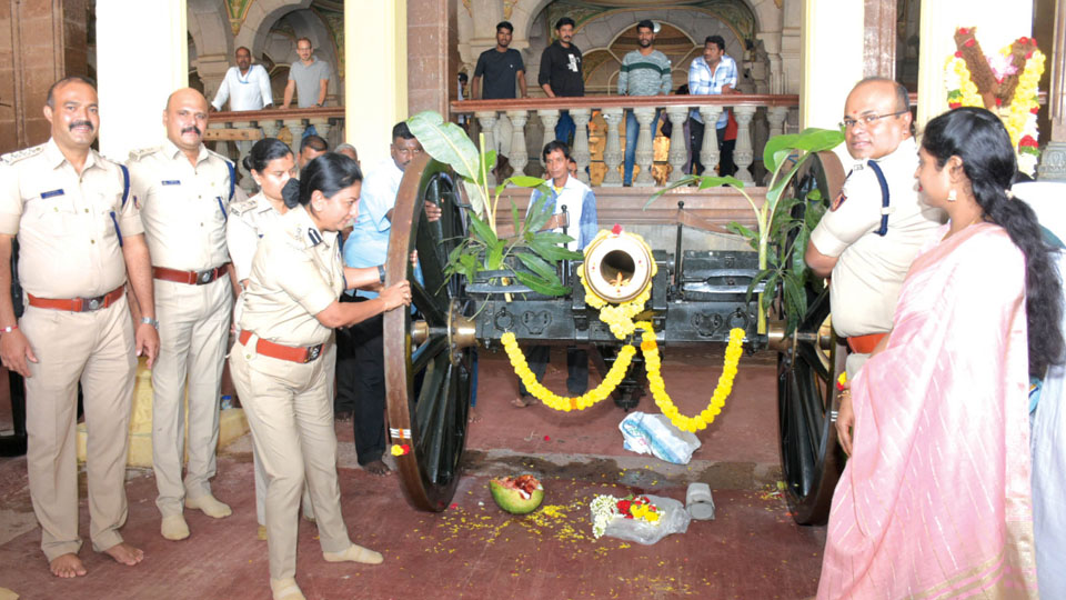 Traditional puja performed to cannons at Mysore Palace