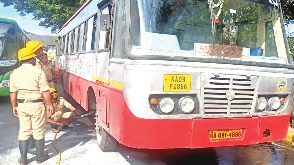 KSRTC bus catches fire near Rly. Station