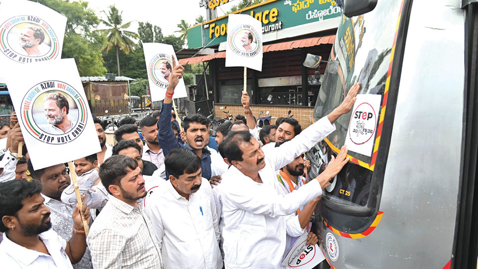 BJP complains against Congress for pasting ‘Stop Vote Chori’ stickers on KSRTC buses