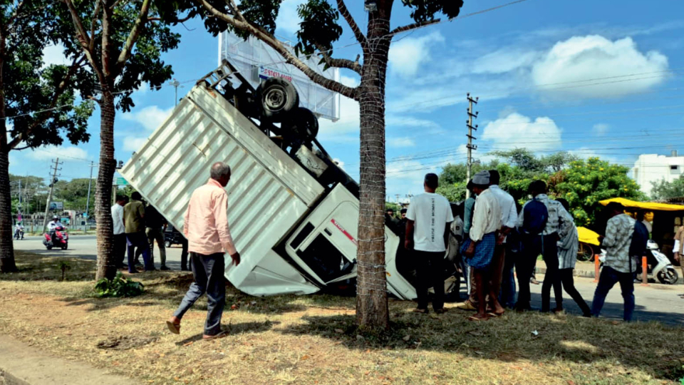 Goods vehicle turns turtle