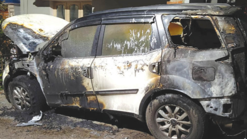Cars parked in front of houses set on fire