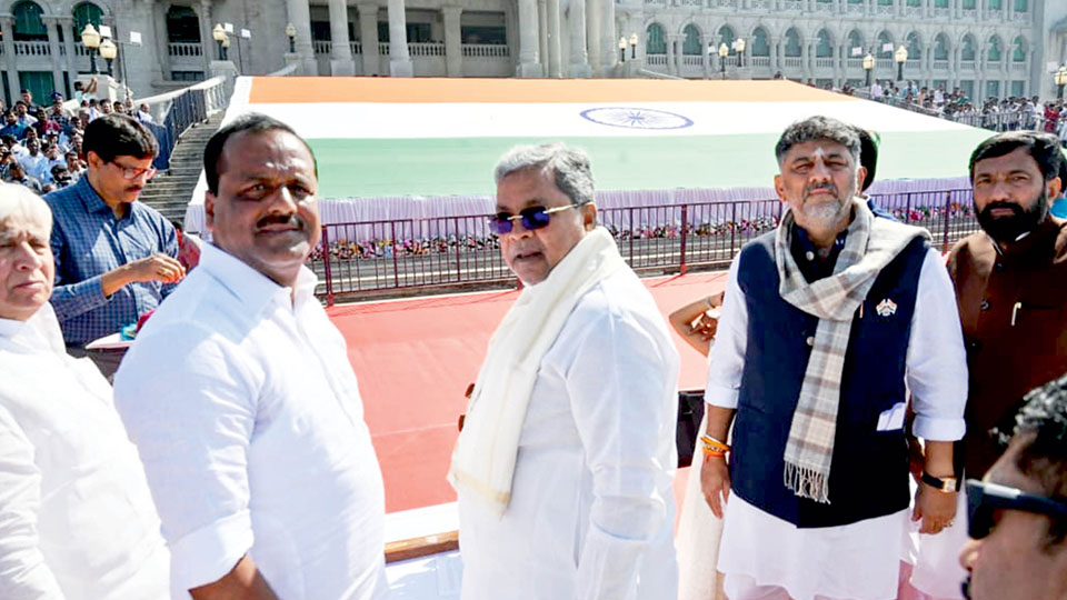 World’s second-largest Khadi National Flag on display at Suvarna Vidhana Soudha