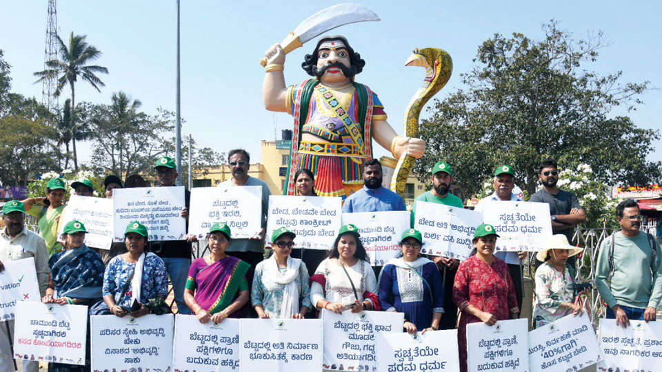 Twin protests against ongoing PRASHAD works atop Chamundi Hill