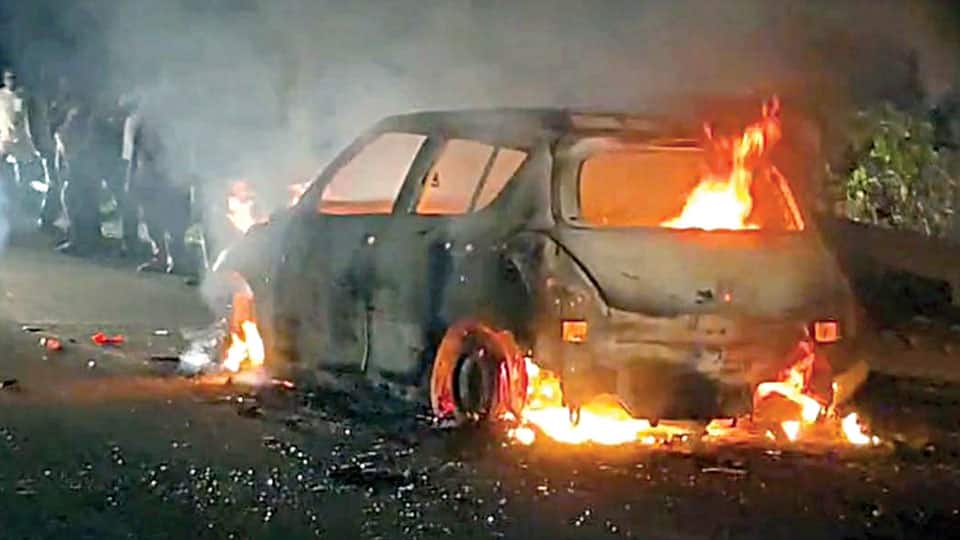 Vehicles catch fire in head-on collision