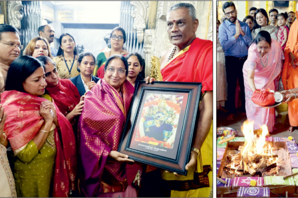 Governor Dr. Sudha Yadav offers prayers at Ch. Hill Temple, visits Suttur Mutt